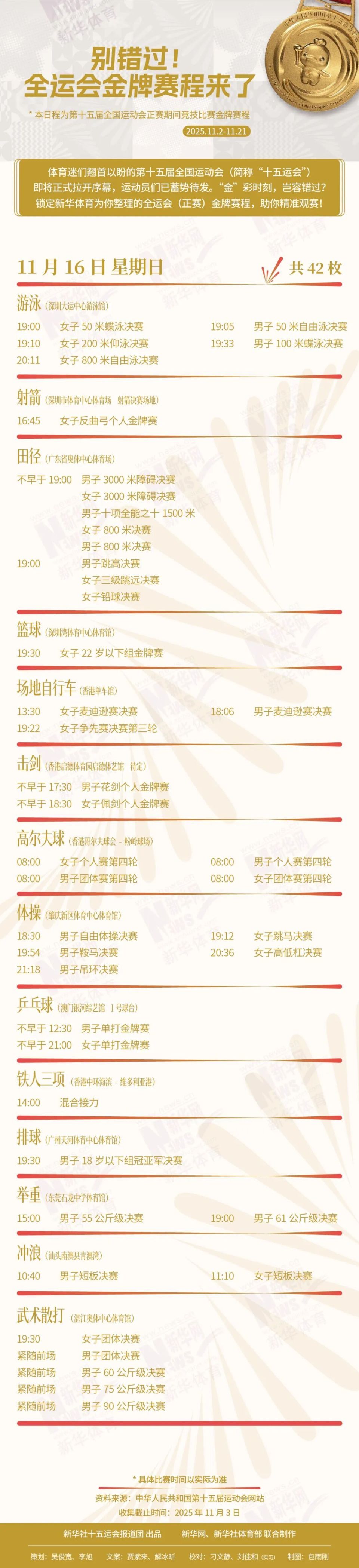 别错过！十五运会金牌赛程来了
