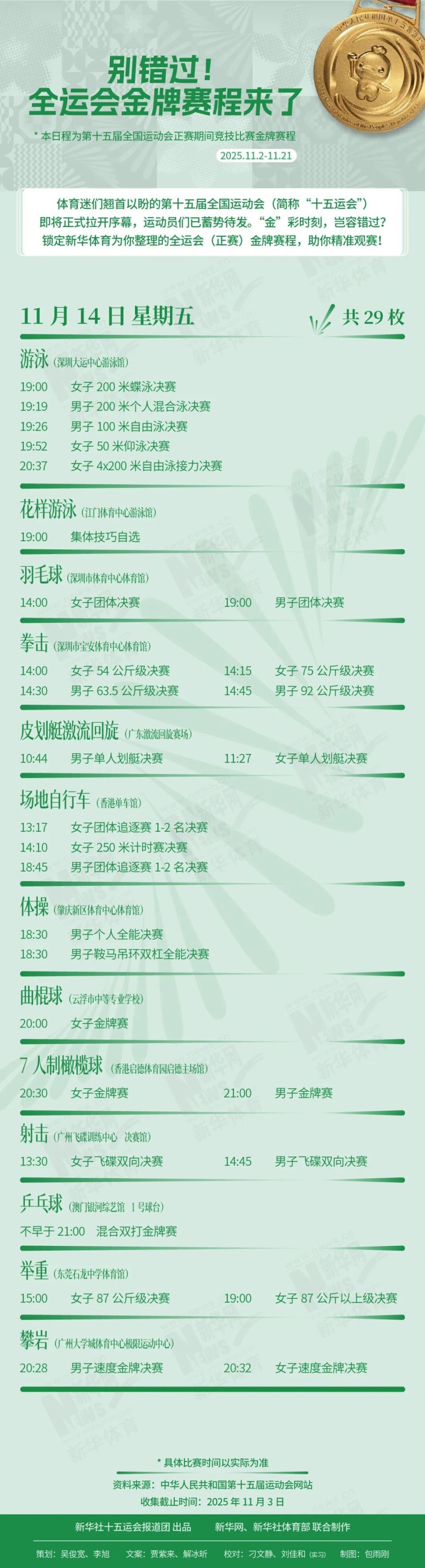 别错过！十五运会金牌赛程来了