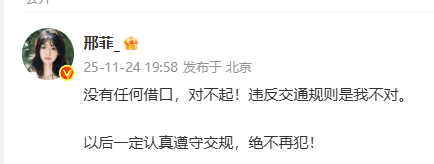 邢菲就违反交规道歉