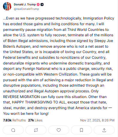 特朗普：将永久停止第三世界国家移民