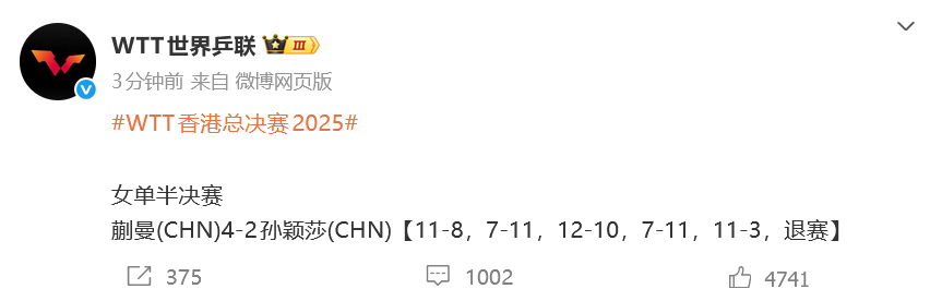 蒯曼击败孙颖莎晋级香港女单决赛