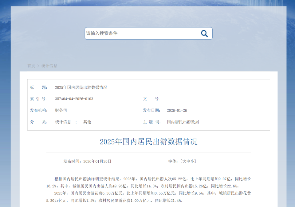 2025年国内居民出游人次超65亿
