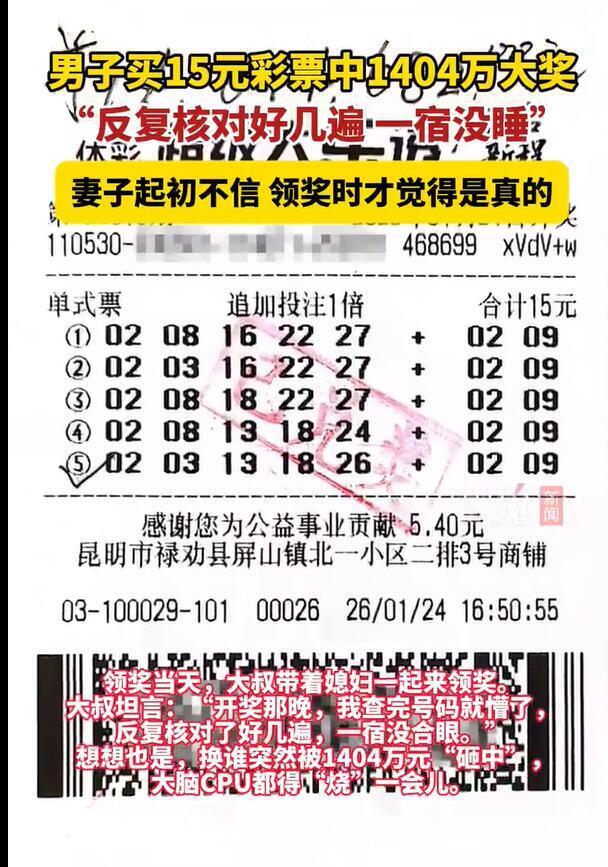 男子买15元彩票中1404万