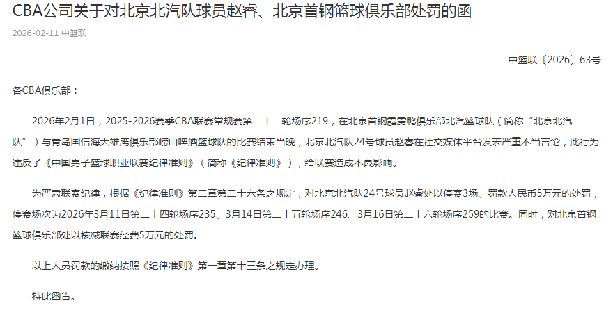赵睿因不当言论被停赛3场罚款5万