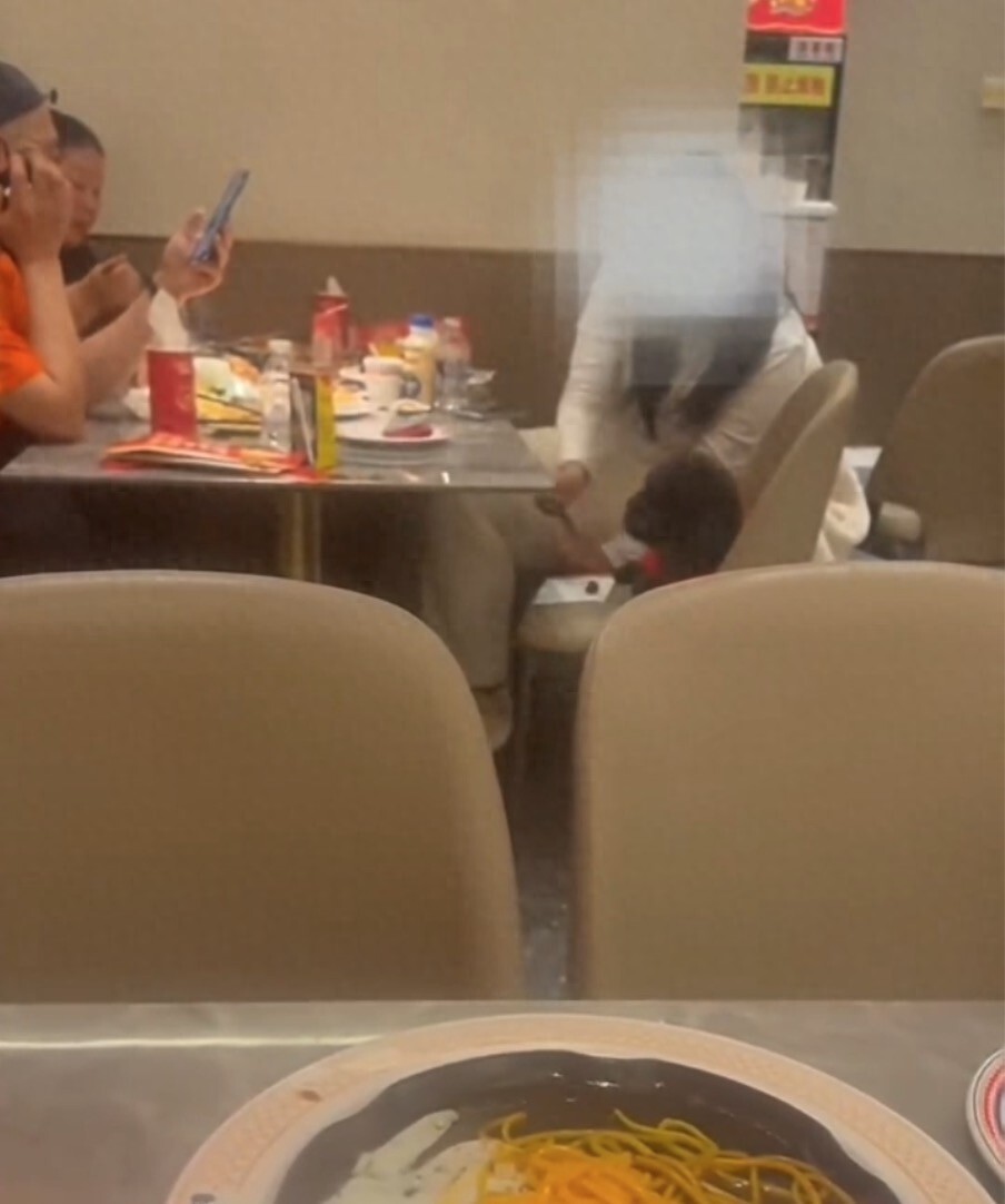 顾客在自助餐厅用吃饭筷喂狗